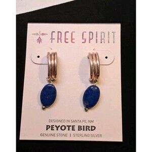 Peyote Bird Free Spirit Blue Gemstone Gold Half Hoop Earrings 1.25" Drop NWT